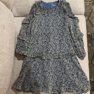 Long sleeved chiffon mixed print light blue flowered dress—size 7